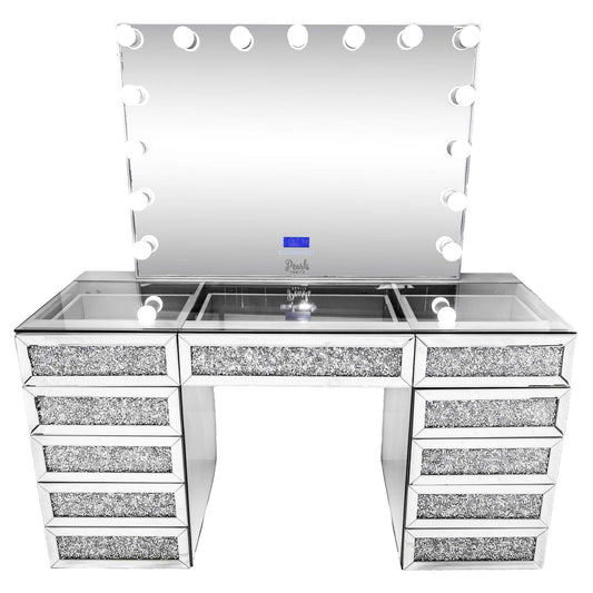 Icy - Mirrored/ Bejewled Glass top Press-Open Vanity & Frameless Mirror
