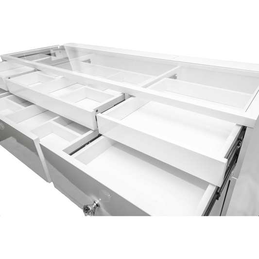 Infinite - 59" Double Drawers Glass Top Vanity (Deep Drawers) & Frameless Mirror