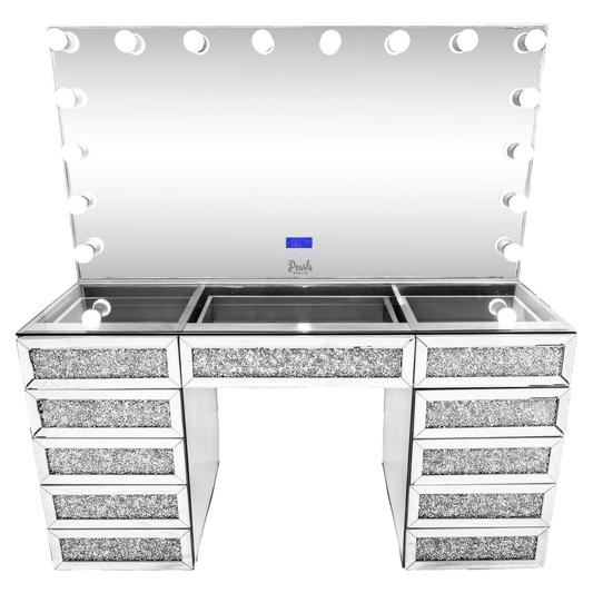 Icy - Mirrored/ Bejewled Glass top Press-Open Vanity & Frameless Mirror