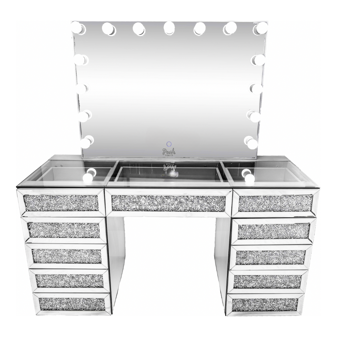 Icy - 59" Mirrored/ Bejewled Glass top Press-Open Vanity & Frameless Mirror Icy - 59" Mirrored/ Bejewled Glass top Press-Open Vanity & Frameless Mirror