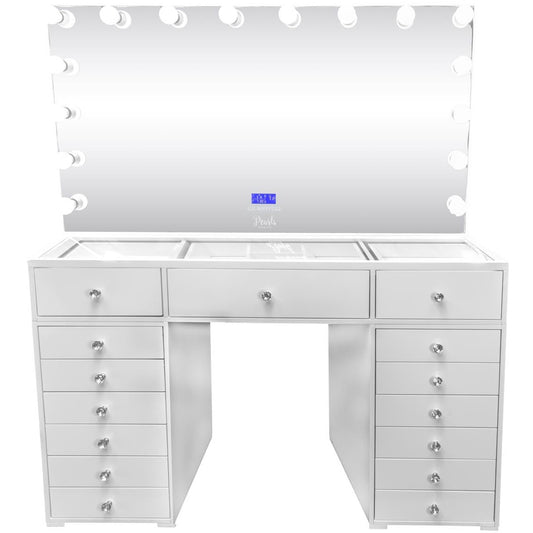 Deluxe - 59" Double Drawers Glass Top Vanity & Frameless Mirror