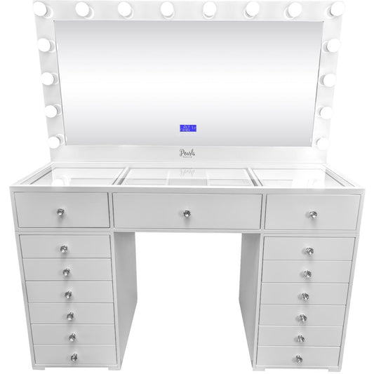 Deluxe - 59" Double Drawers Glass Top Vanity& Framed Mirror